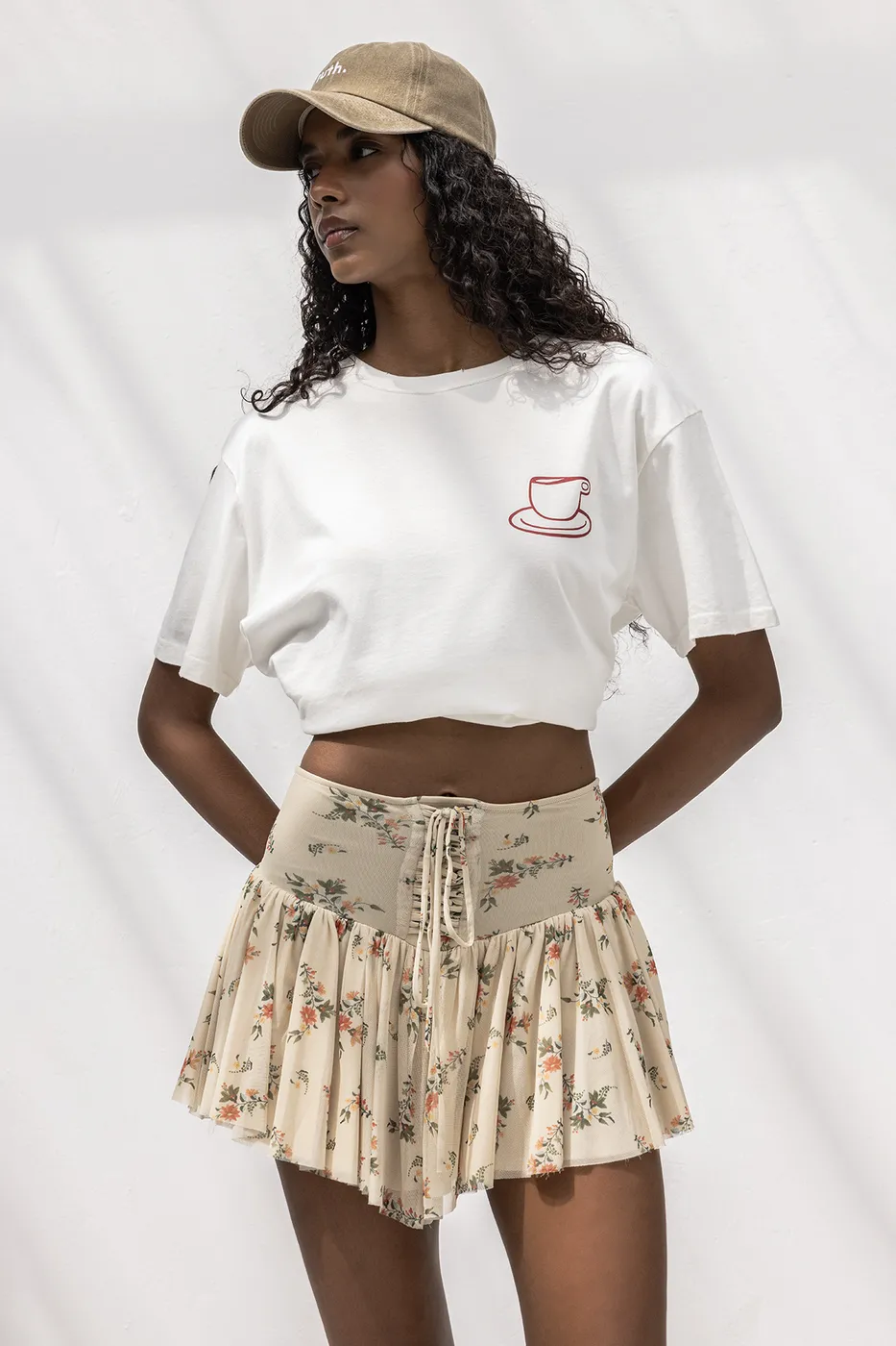 Bayan Bej Korsajlı Şortlu Tül Mini Etek