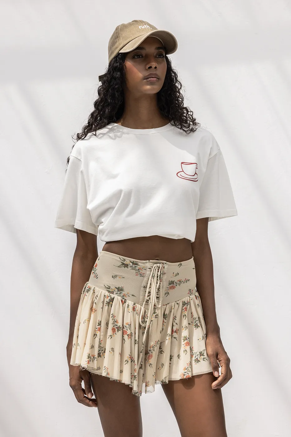 Bayan Bej Korsajlı Şortlu Tül Mini Etek