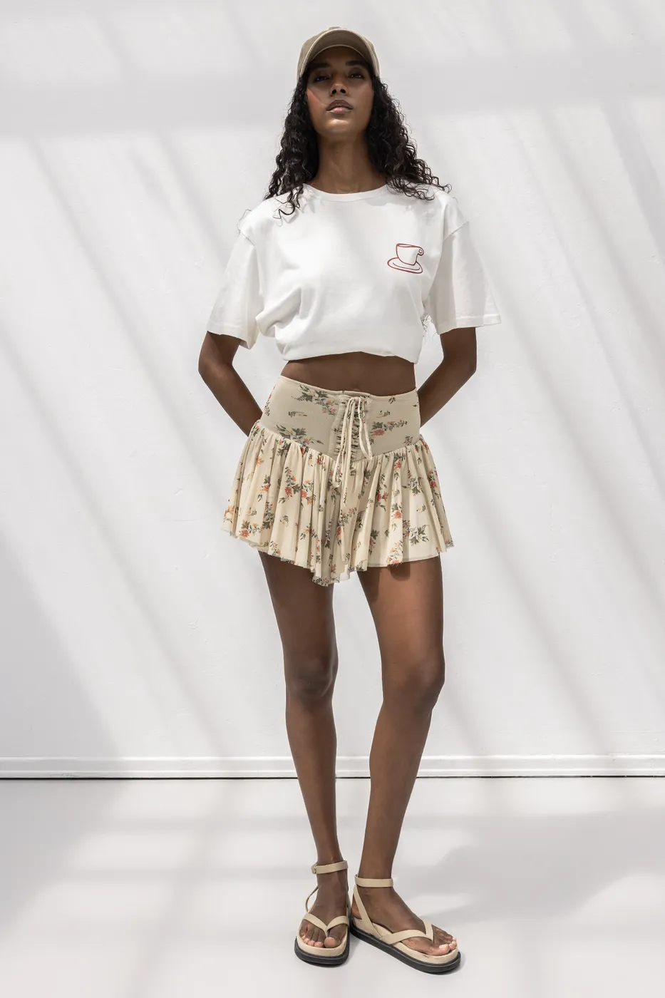 Bayan Bej Korsajlı Şortlu Tül Mini Etek