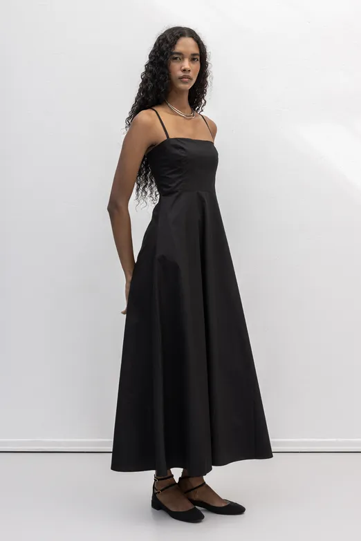 Bayan Siyah Askılı Volanlı Midi Elbise - BSL