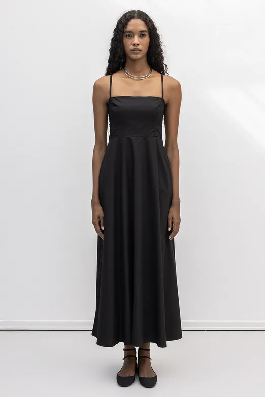 Bayan Siyah Askılı Volanlı Midi Elbise - BSL