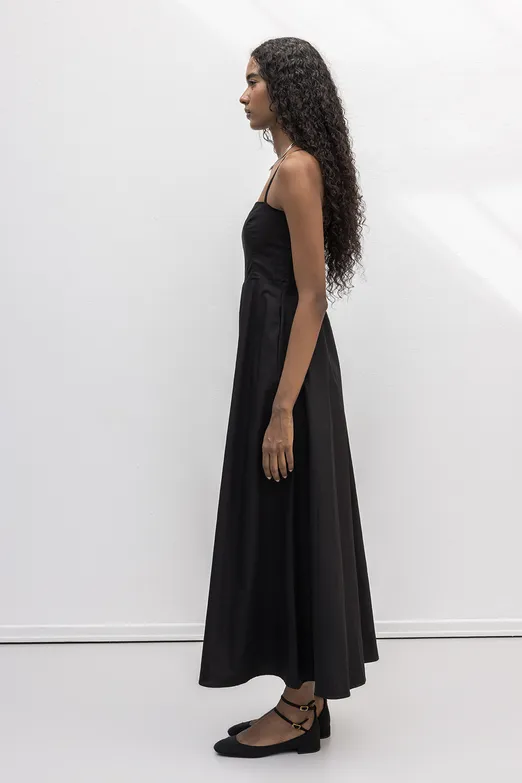 Bayan Siyah Askılı Volanlı Midi Elbise - BSL