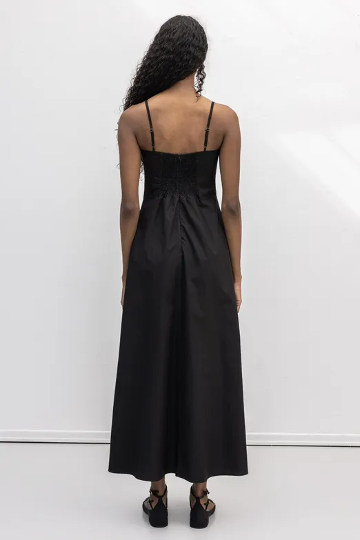 Bayan Siyah Askılı Volanlı Midi Elbise - BSL