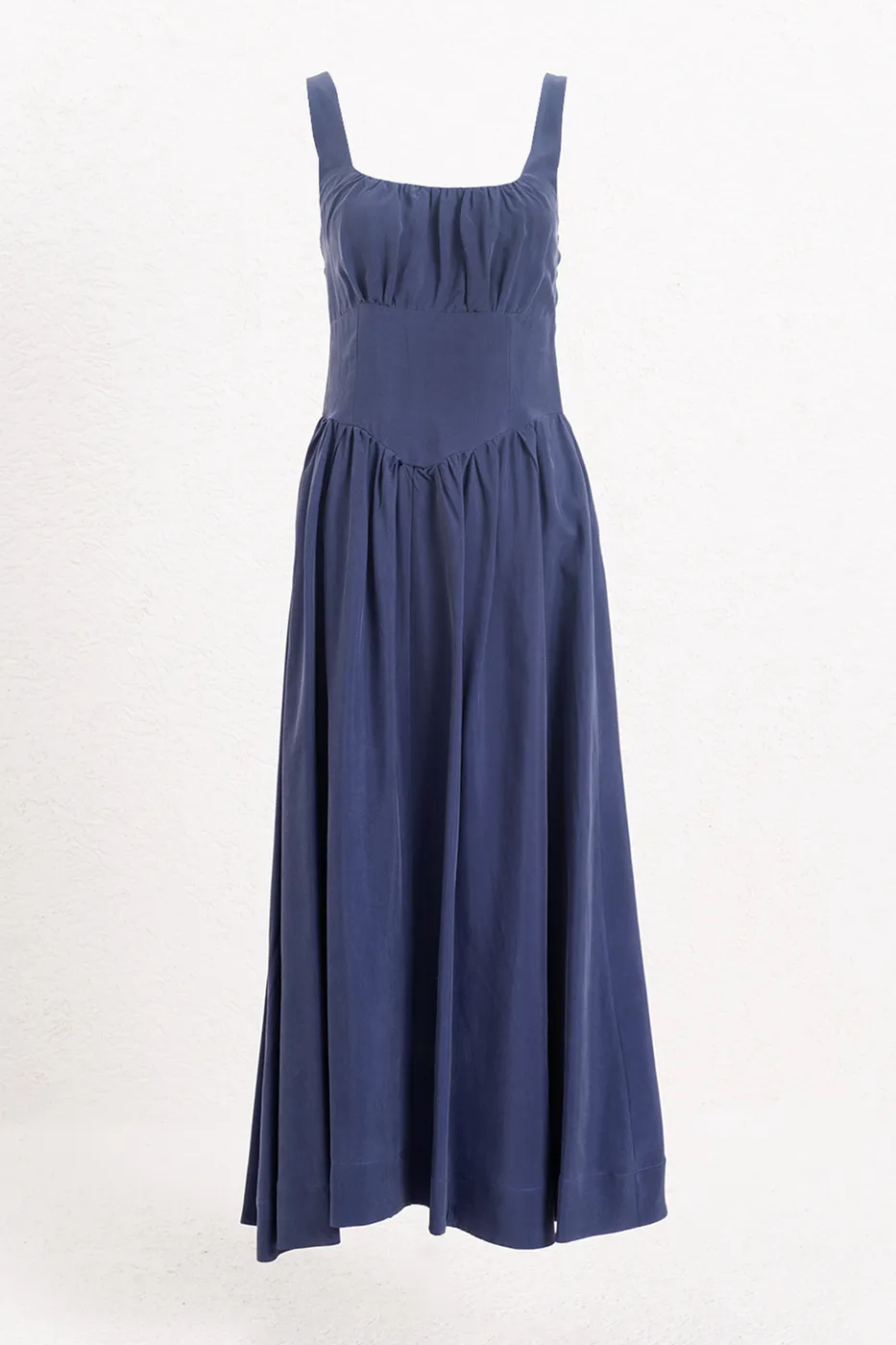 Bayan İndigo Korsajlı Volablı Midi Elbise