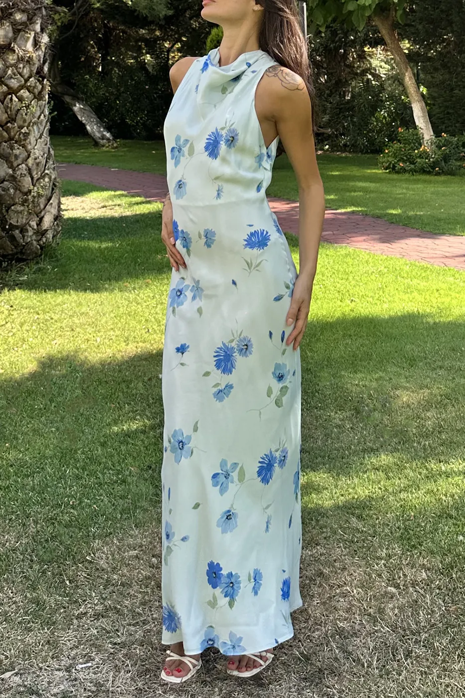 Bayan Mavi Degaje Yakalı Saten Midi Elbise