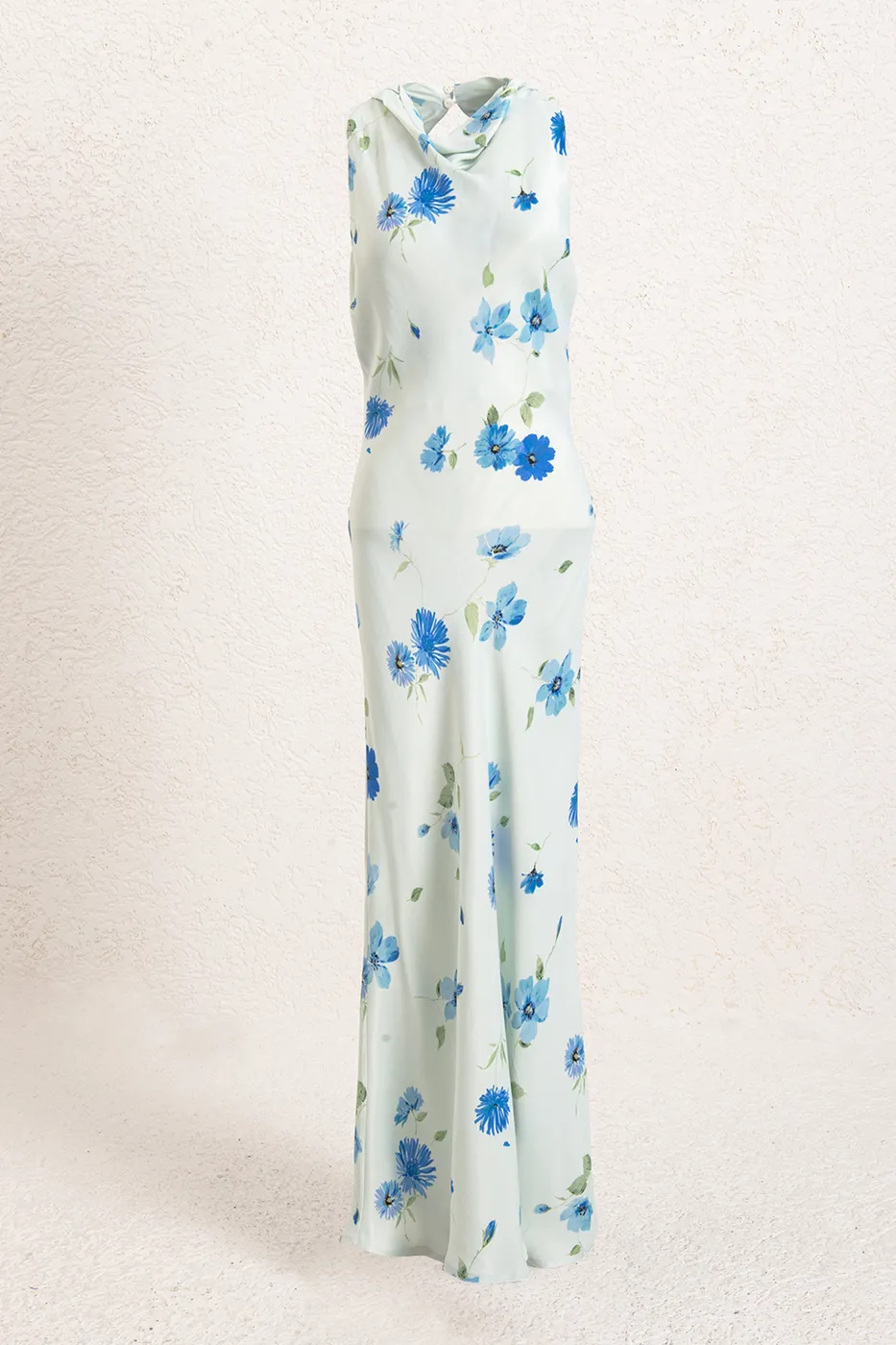 Bayan Mavi Degaje Yakalı Saten Midi Elbise