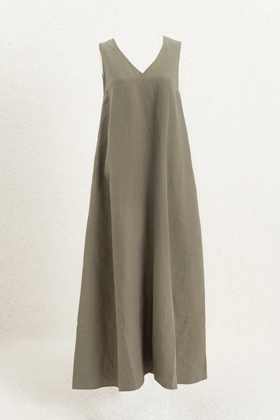 Bayan Haki Oversize Keten Midi Elbise