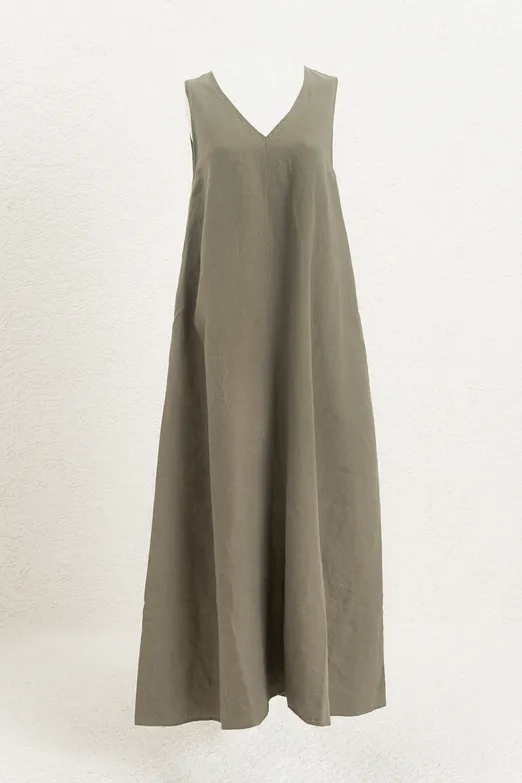 Bayan Haki Oversize Keten Midi Elbise - BSL