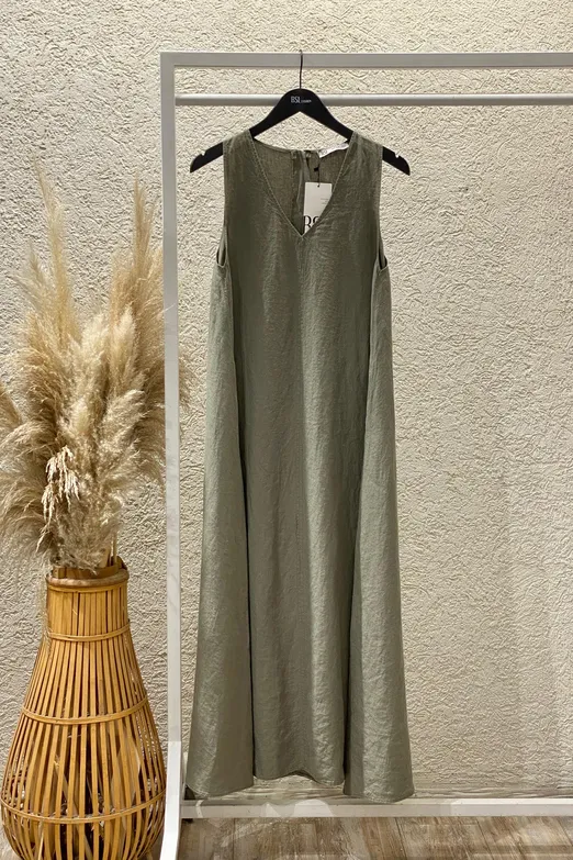 Bayan Haki Oversize Keten Midi Elbise - BSL