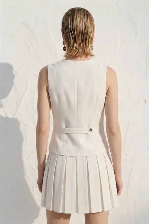 Bayan Ekru Pileli Kolsuz Mini Elbise - BSL