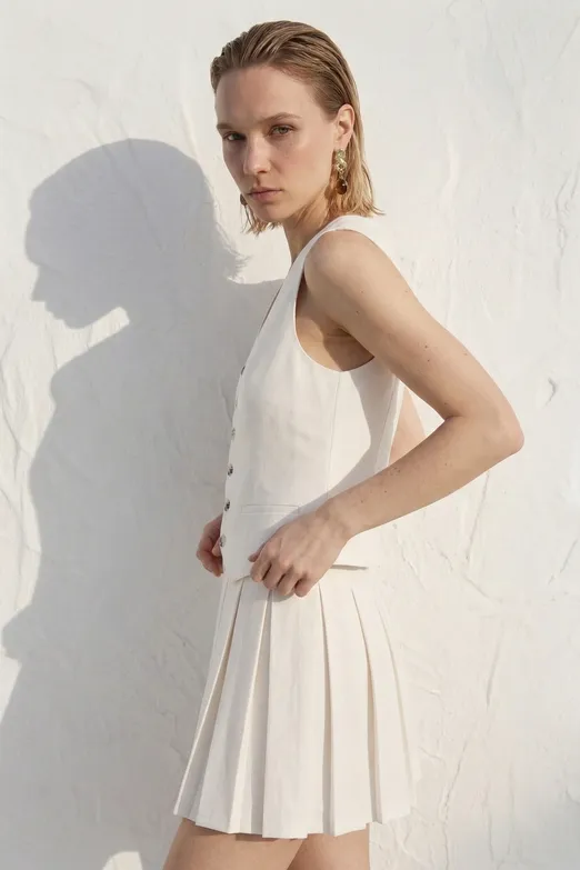 Bayan Ekru Pileli Kolsuz Mini Elbise - BSL