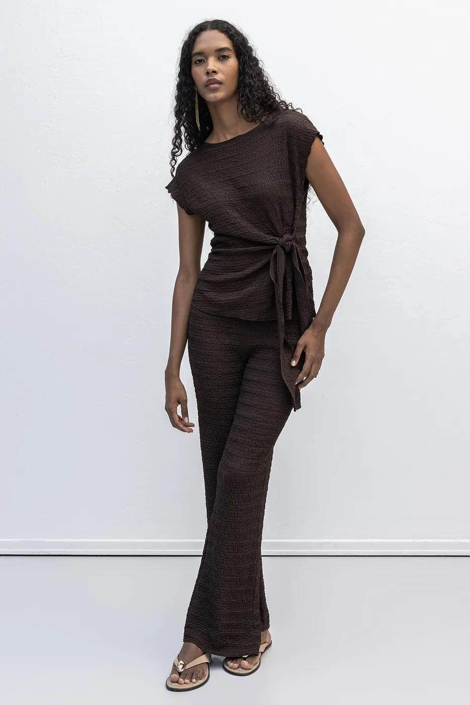 Bayan Kahverengi Dokulu Düz Kesim Pantolon