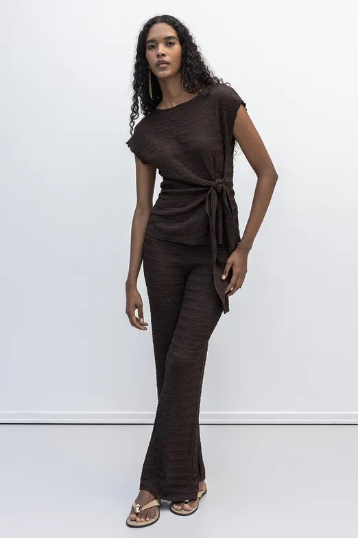 Bayan Kahverengi Dokulu Düz Kesim Pantolon - BSL