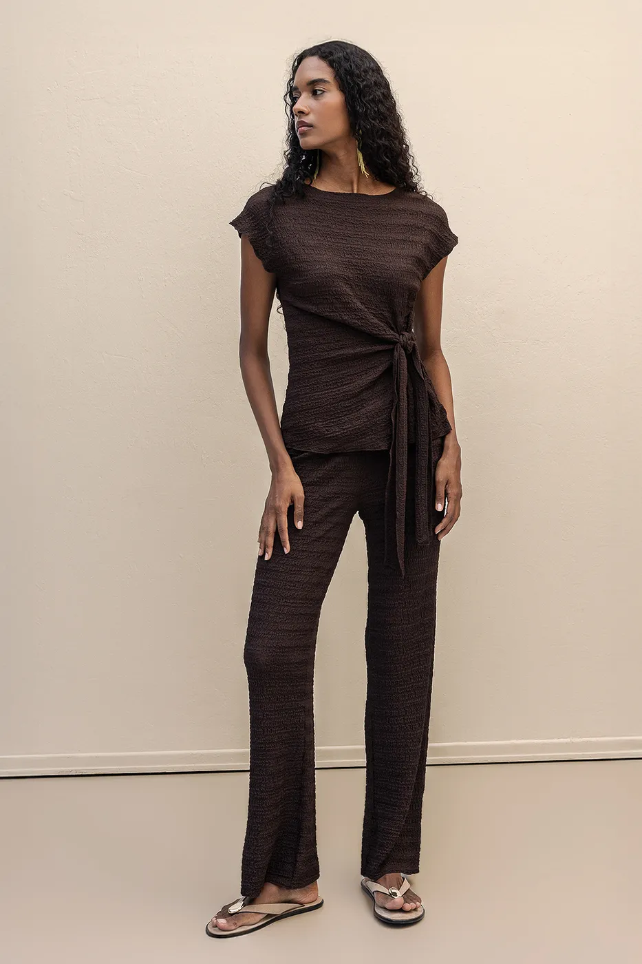 Bayan Kahverengi Dokulu Düz Kesim Pantolon