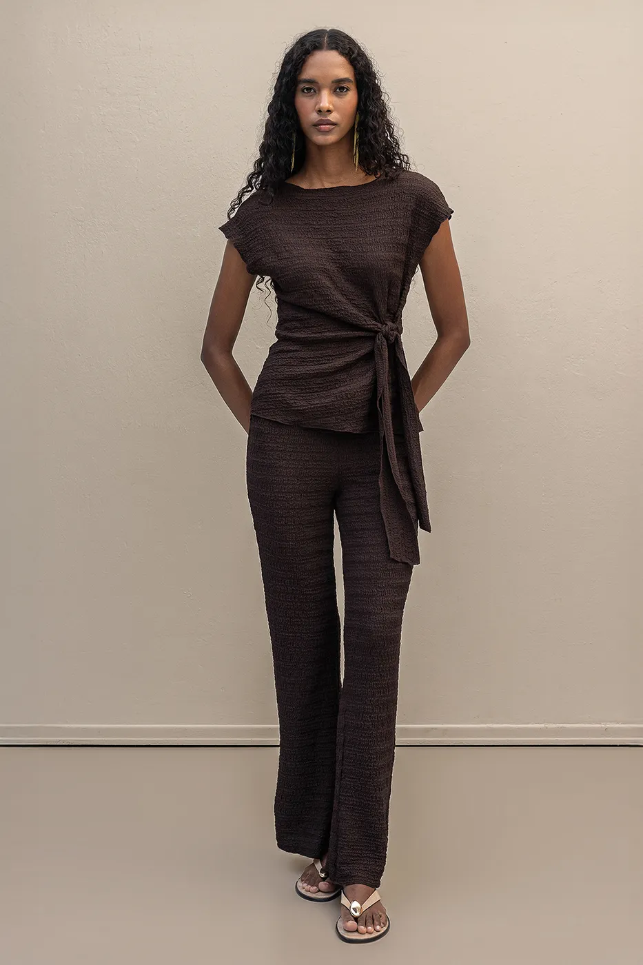 Bayan Kahverengi Dokulu Düz Kesim Pantolon