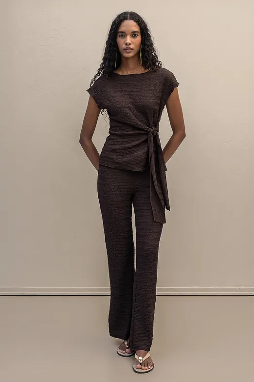 Bayan Kahverengi Dokulu Düz Kesim Pantolon - BSL