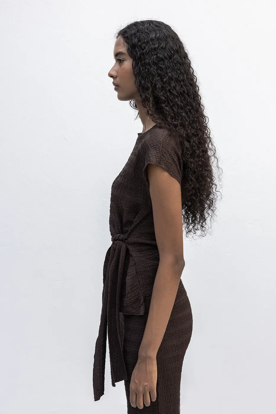 Bayan Kahverengi Dokulu Bağlama Detaylı Bluz