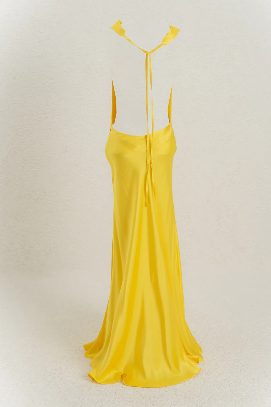 Bayan Sarı Degaje Yakalı  Maksi Saten Elbise
