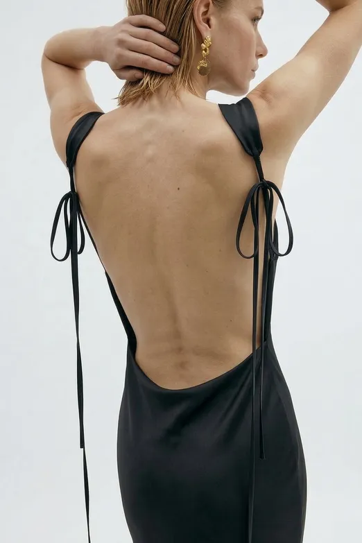 Bayan Siyah Degaje Yakalı  Maksi Saten Elbise - BSL