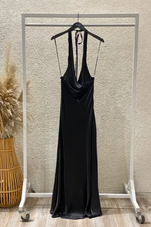 Bayan Siyah Degaje Yakalı  Maksi Saten Elbise - BSL