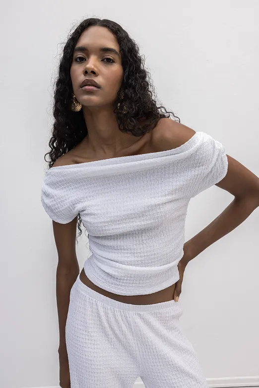 Bayan Beyaz Dokulu Carmen Yaka Bluz - BSL