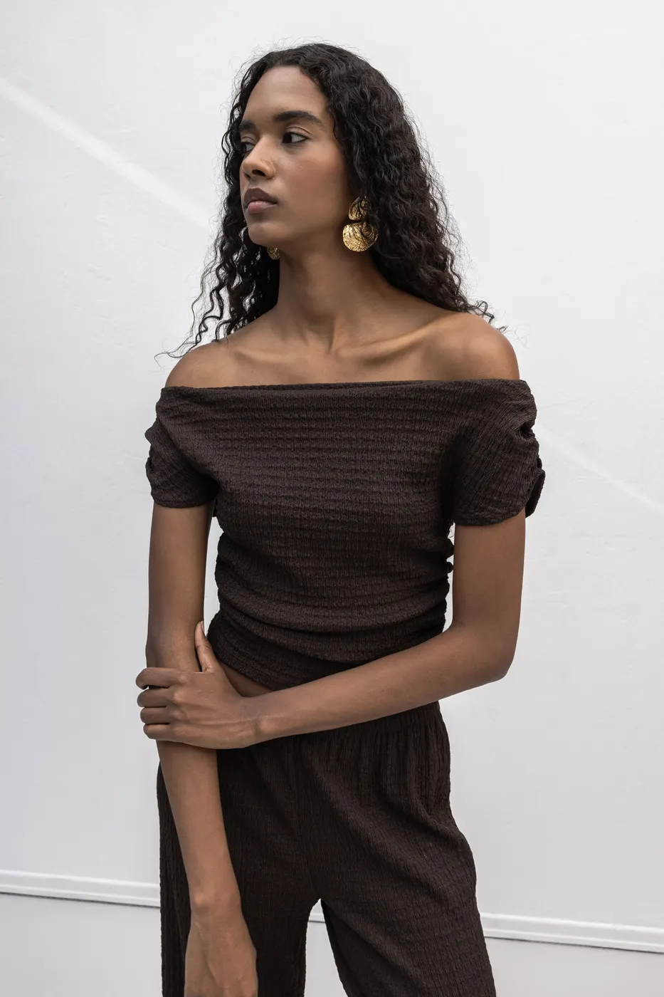 Bayan Kahverengi Dokulu Carmen Yaka Bluz