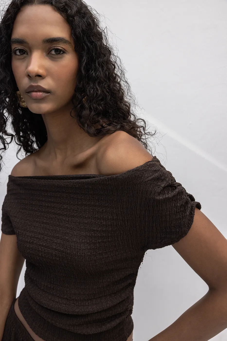 Bayan Kahverengi Dokulu Carmen Yaka Bluz