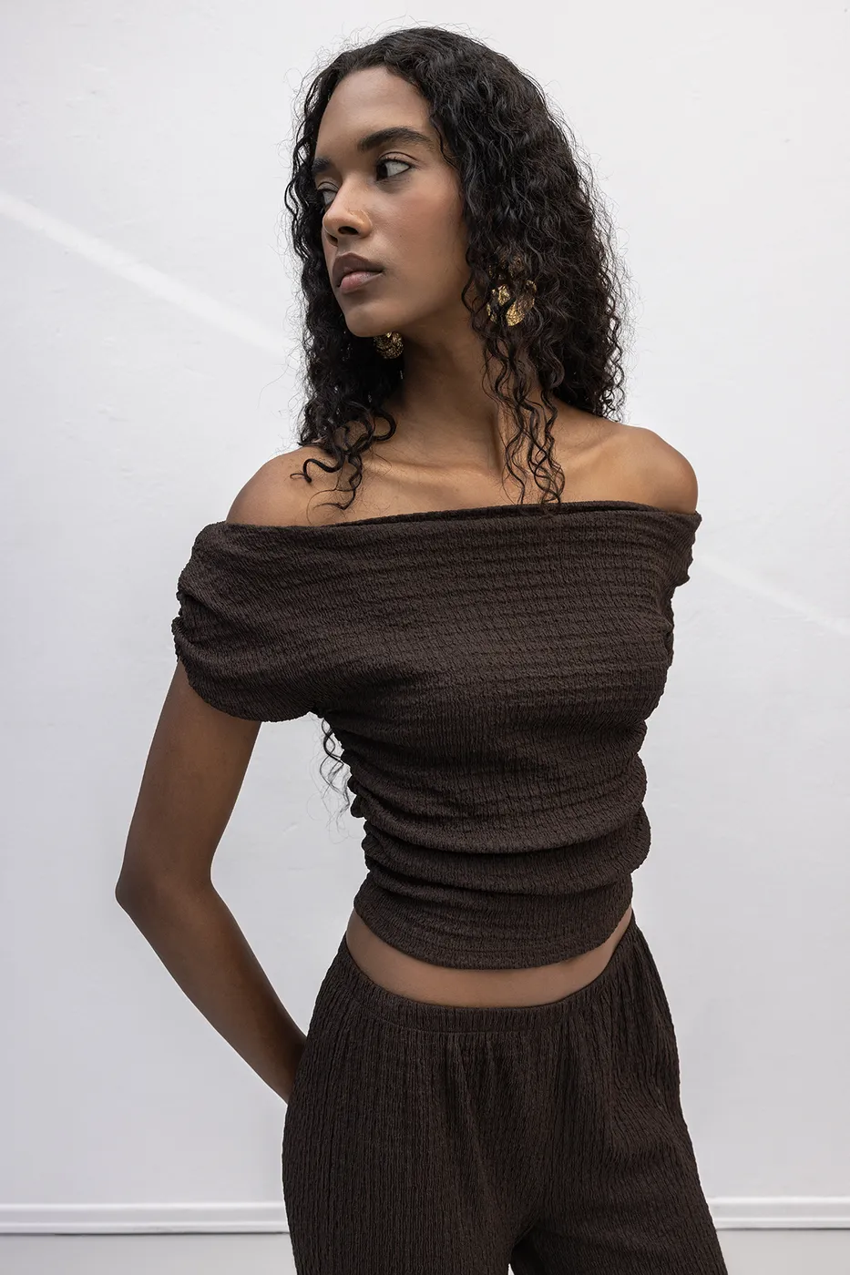 Bayan Kahverengi Dokulu Carmen Yaka Bluz