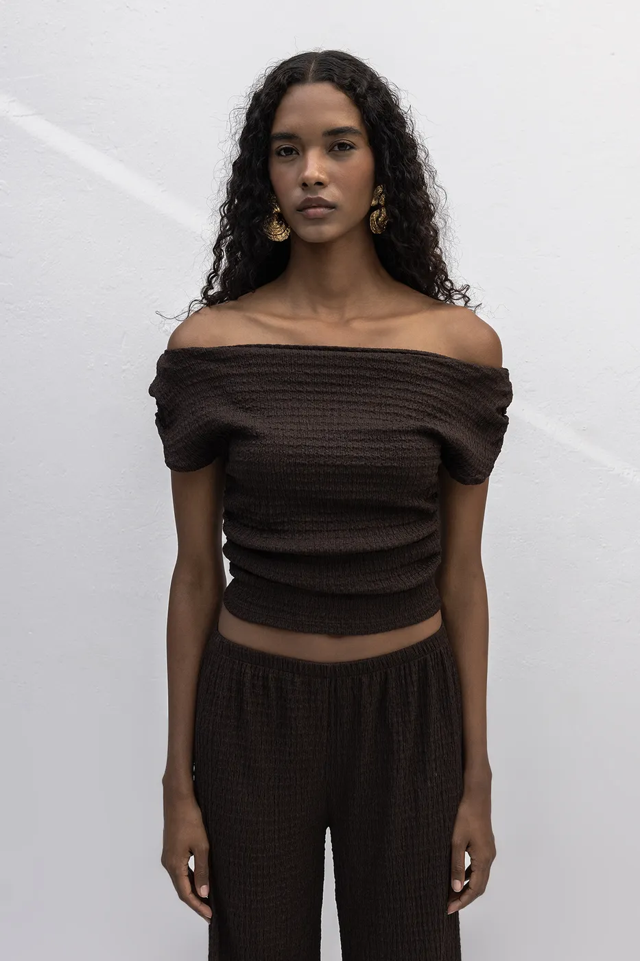 Bayan Kahverengi Dokulu Carmen Yaka Bluz