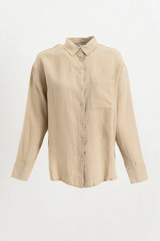 Bayan Bej %100 Keten Oversize Gömlek - BSL
