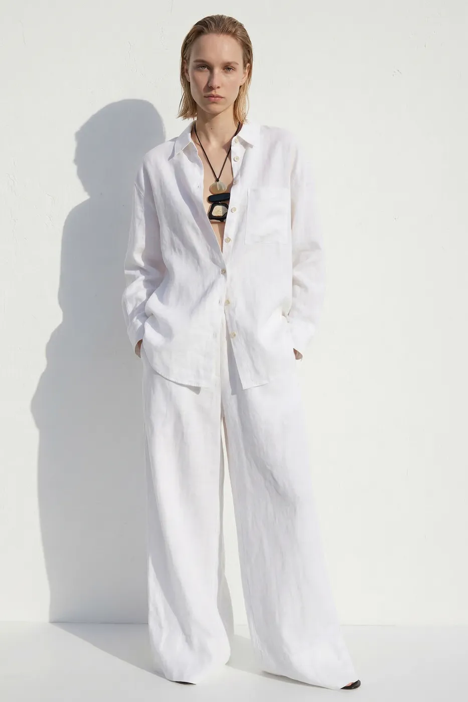 Bayan Beyaz %100 Keten Bol Pantolon