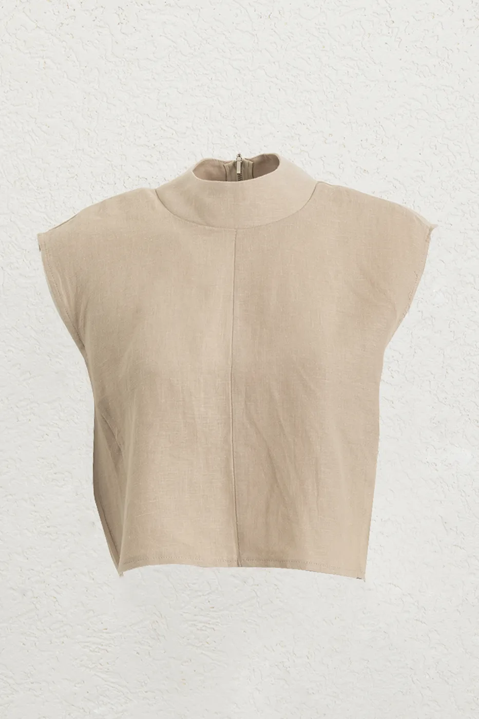Bayan Bej %100 Keten Dik Yakalı Bluz