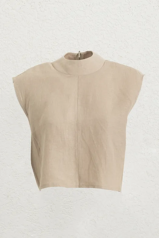 Bayan Bej %100 Keten Dik Yakalı Bluz - BSL