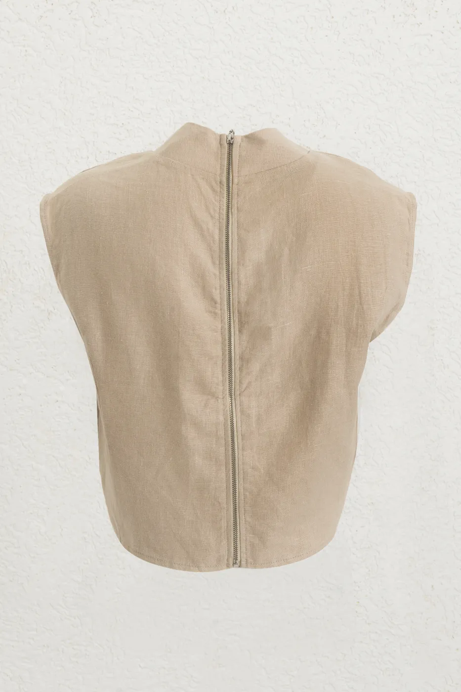 Bayan Bej %100 Keten Dik Yakalı Bluz