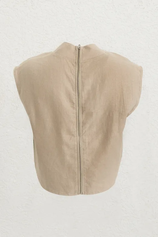 Bayan Bej %100 Keten Dik Yakalı Bluz - BSL