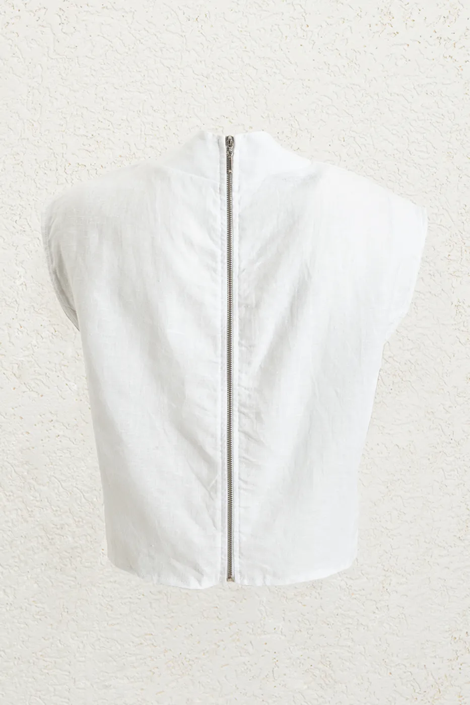 Bayan Beyaz %100 Keten Dik Yakalı Bluz