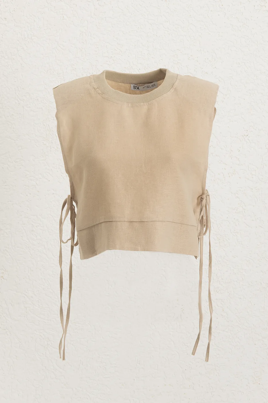 Bayan Bej Yandan Bağcıklı Crop Keten Bluz