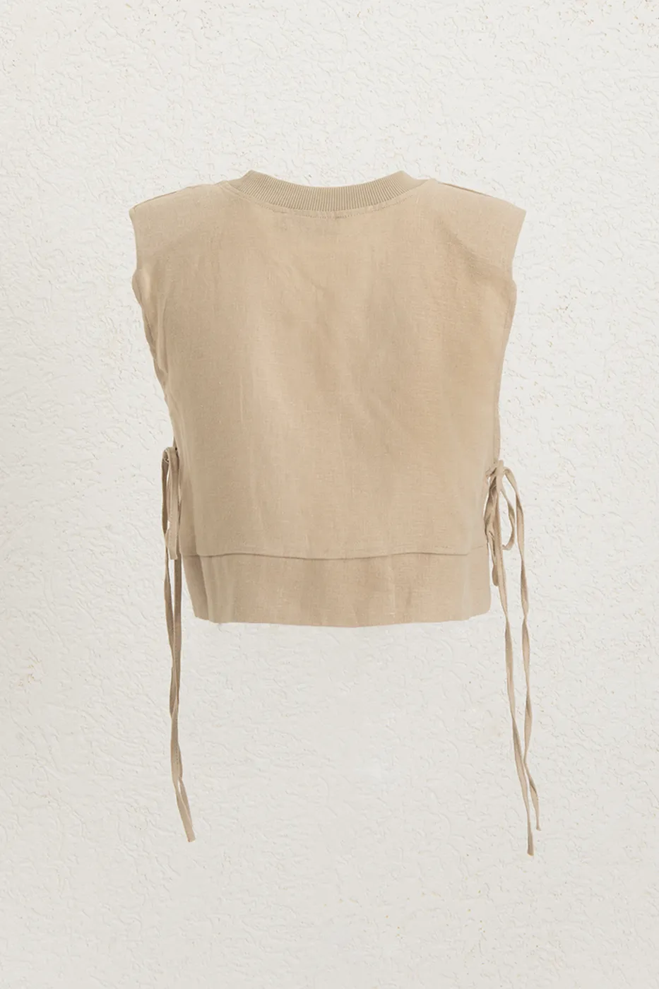 Bayan Bej Yandan Bağcıklı Crop Keten Bluz