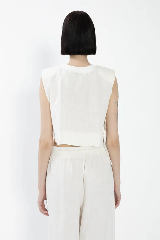 Bayan Beyaz Yandan Bağcıklı Crop Keten Bluz - BSL