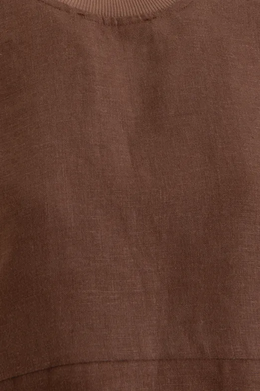 Bayan Kahverengi Yandan Bağcıklı Crop Keten Bluz - BSL