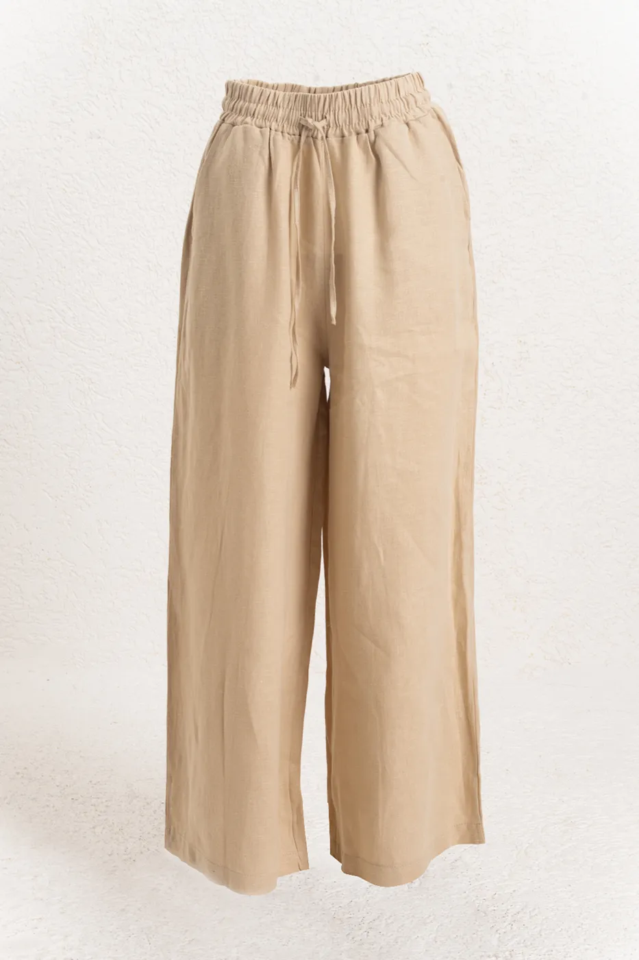 Bayan Bej %100 Keten Düz  Kesim Bol Pantolon