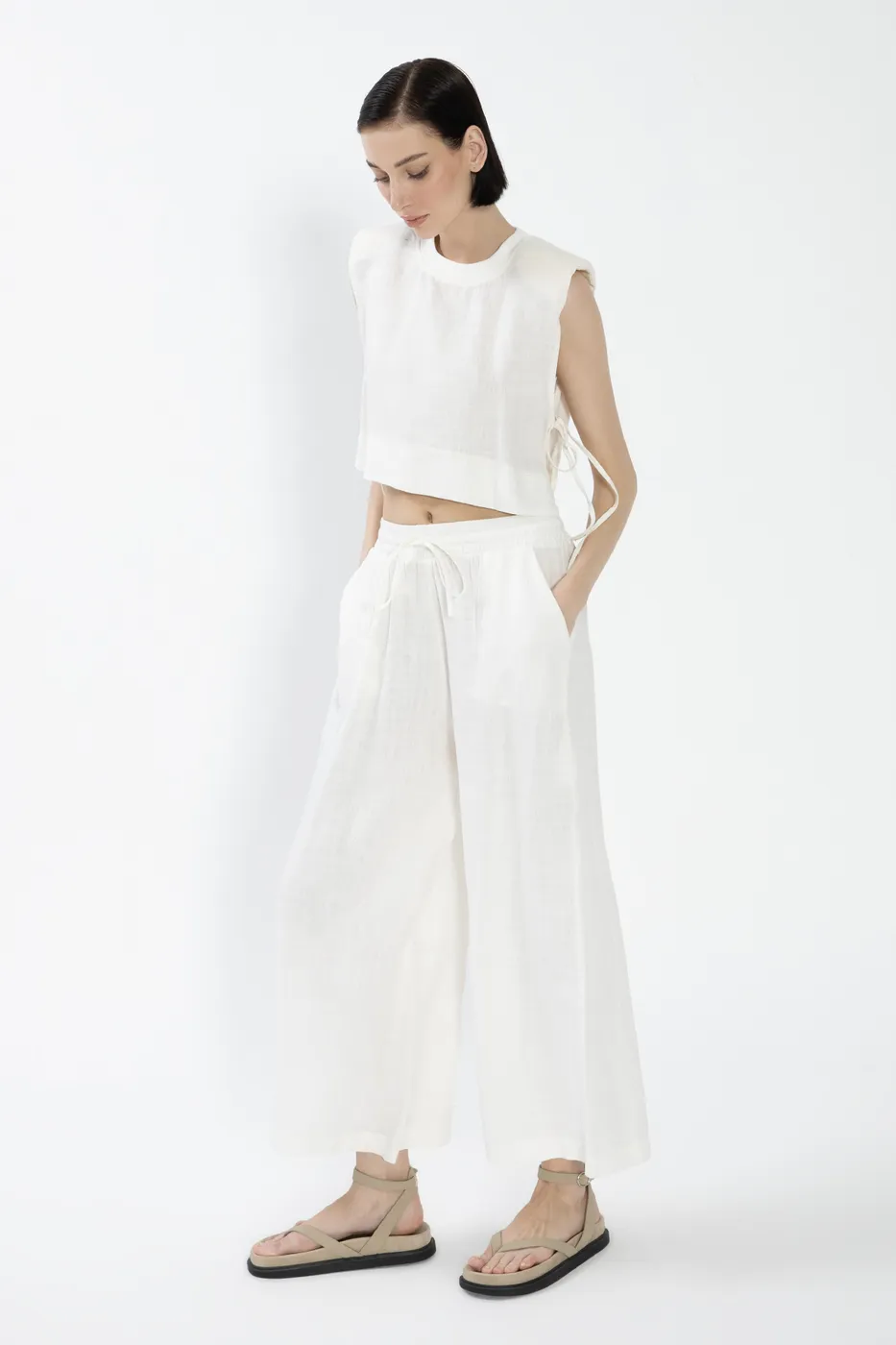 Bayan Beyaz %100 Keten Düz  Kesim Bol Pantolon