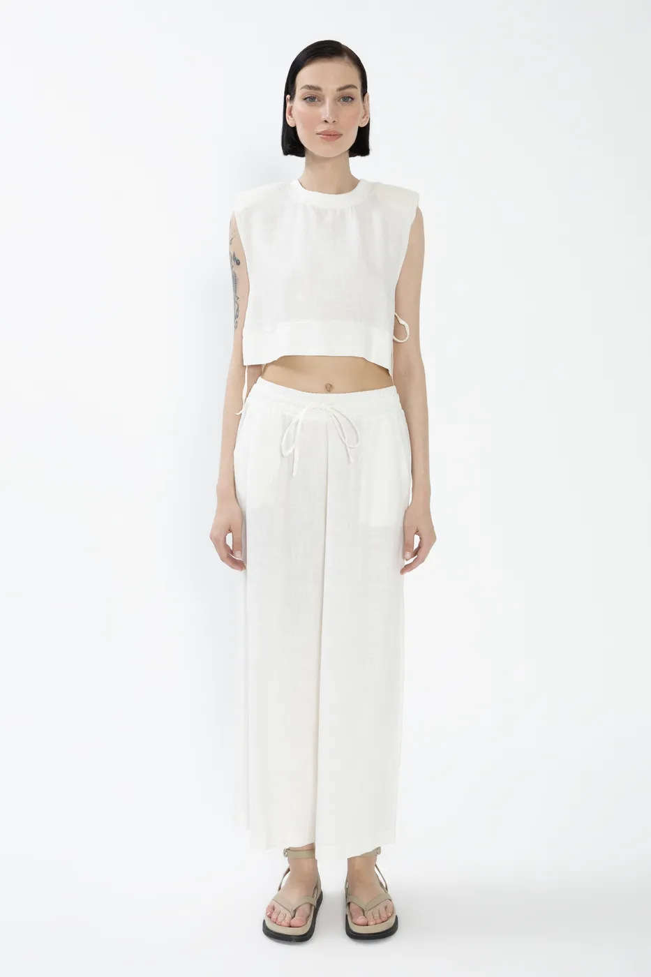 Bayan Beyaz %100 Keten Düz  Kesim Bol Pantolon