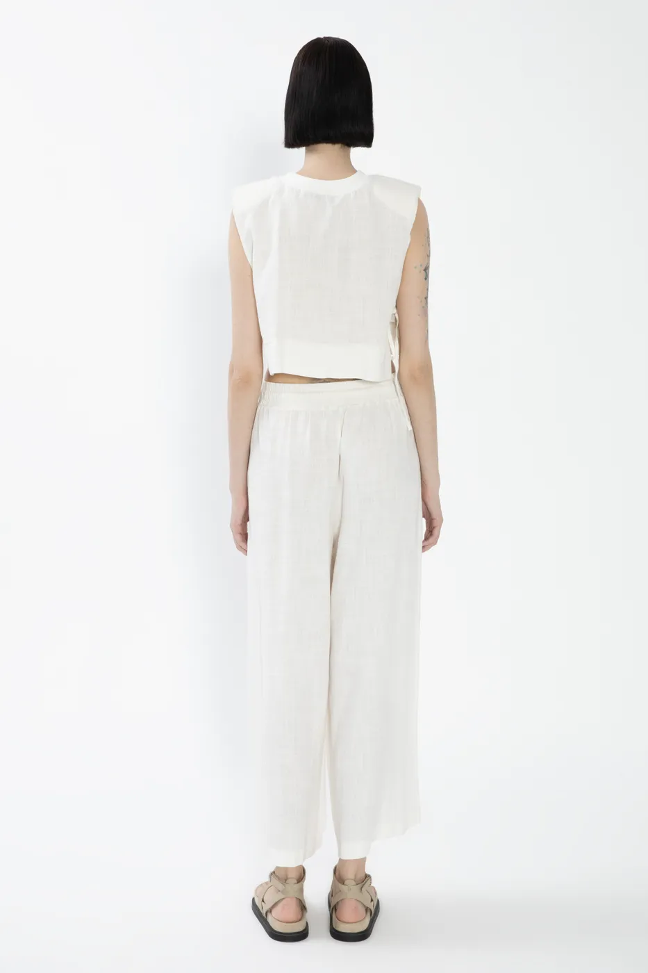 Bayan Beyaz %100 Keten Düz  Kesim Bol Pantolon