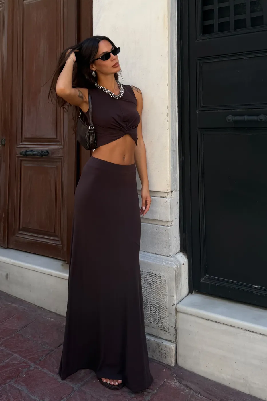 Bayan Kahverengi Burgulu Crop Top