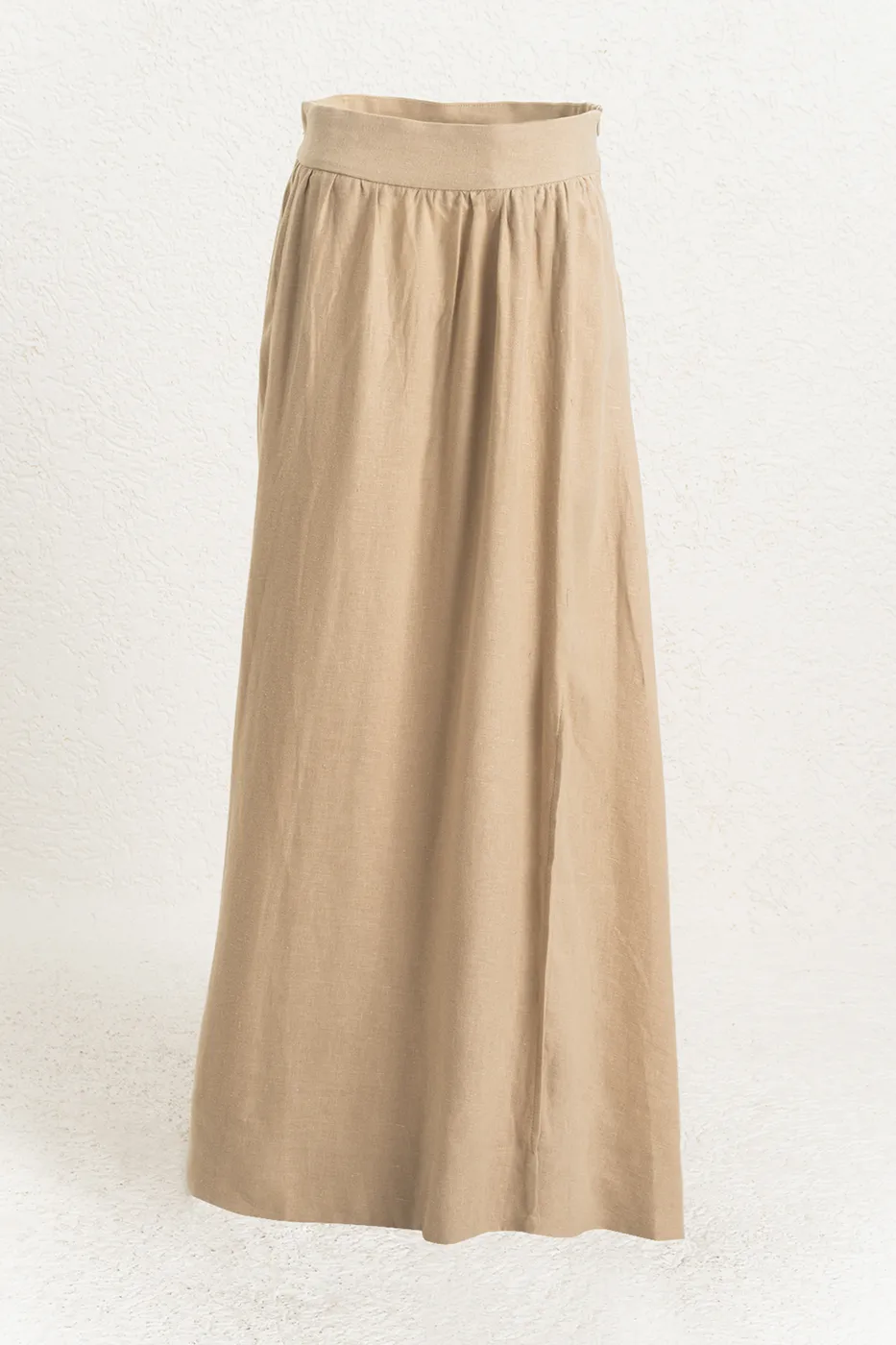 Bayan Bej %100 Keten Midi Etek