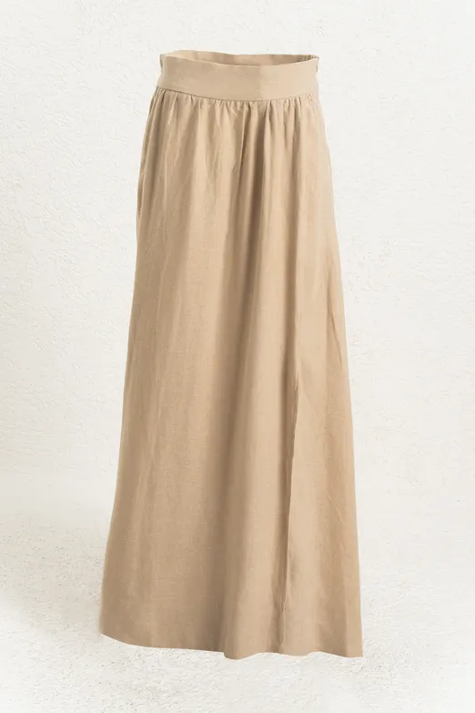 Bayan Bej %100 Keten Midi Etek - BSL