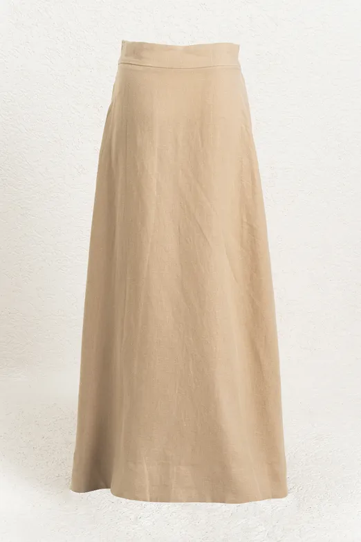 Bayan Bej %100 Keten Midi Etek - BSL