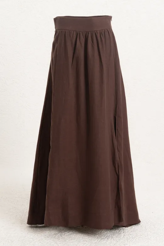 Bayan Kahverengi %100 Keten Midi Etek - BSL