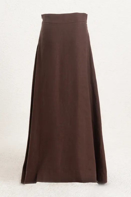 Bayan Kahverengi %100 Keten Midi Etek - BSL